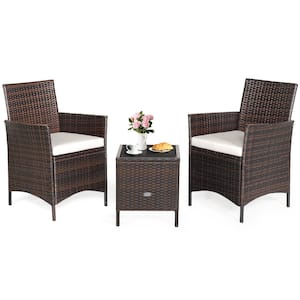 3-Pieces Wicker Patio Conversation Set Rattan Chairs with Coffee Table & White Cushions