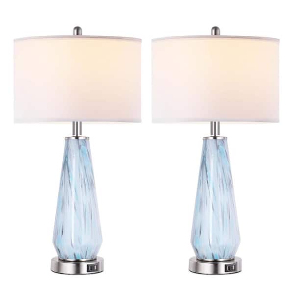 Unbranded 27 in. Tall Faded Swirl Blue Gray Art Glass Table Lamp with USB Ports, 3-Way Dimmable Nightstand Lamps White Drum Shade