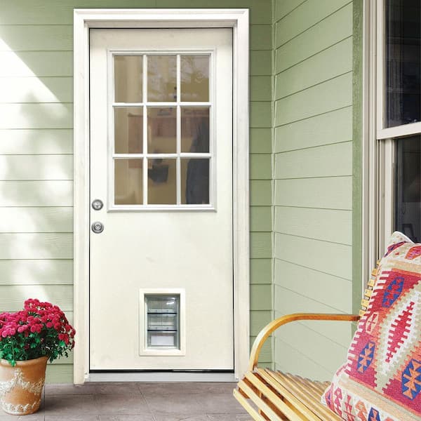 32 in. x 80 in. Reliant Series Clear 9 Lite RHIS White Primed Fiberglass Prehung Front Door with Med Pet Door