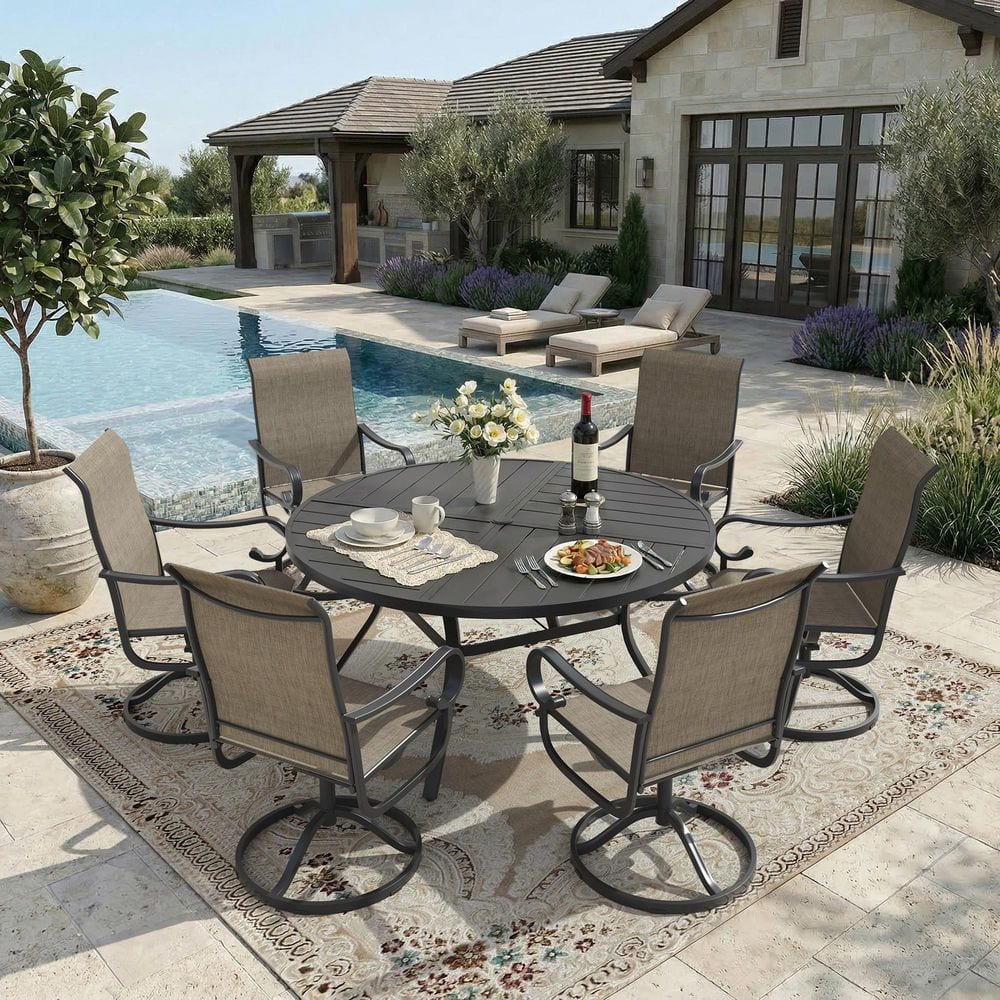 7-Piece Metal Outdoor Dining Set with 50 in. Black Slat Round Table and 6 Brown Patio Textilene Swivel Rocking Chairs price history on PriceWatchPro