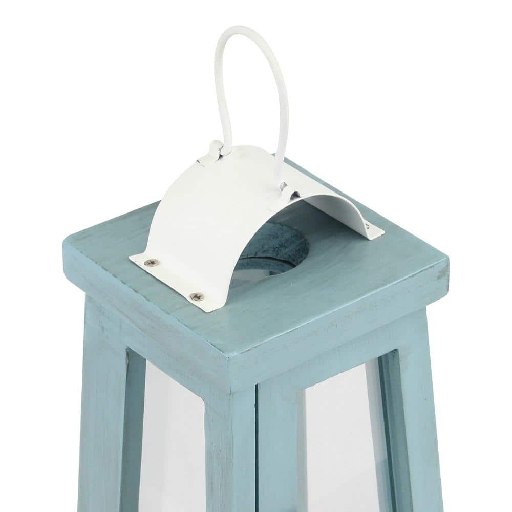 Nautical Blue Painted Wood Tabletop Hurricane Candle Lantern