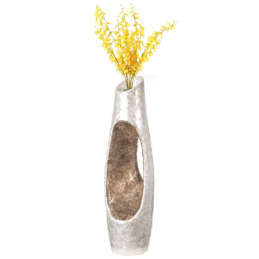 Elegant White and Gold 43" Decorative Floor Vase in Fiberglass