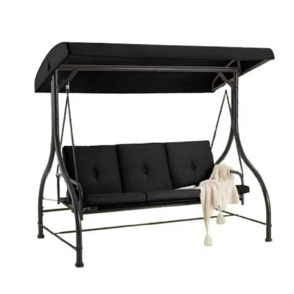 3-Person Metal Outdoor Patio Swing Canopy Hammock with Black Cushions