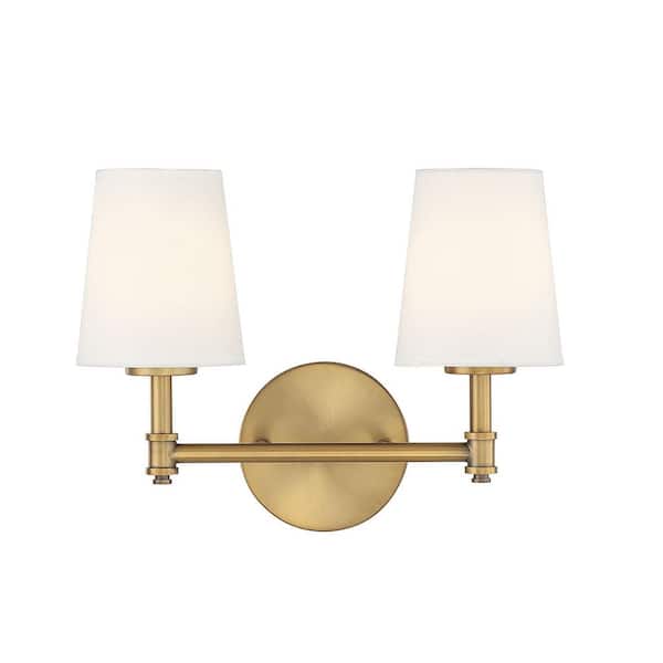 Savoy House 15 in. W x 9.5 in. H 2-Light Natural Brass Bathroom Vanity Light with White Linen Fabric Shades