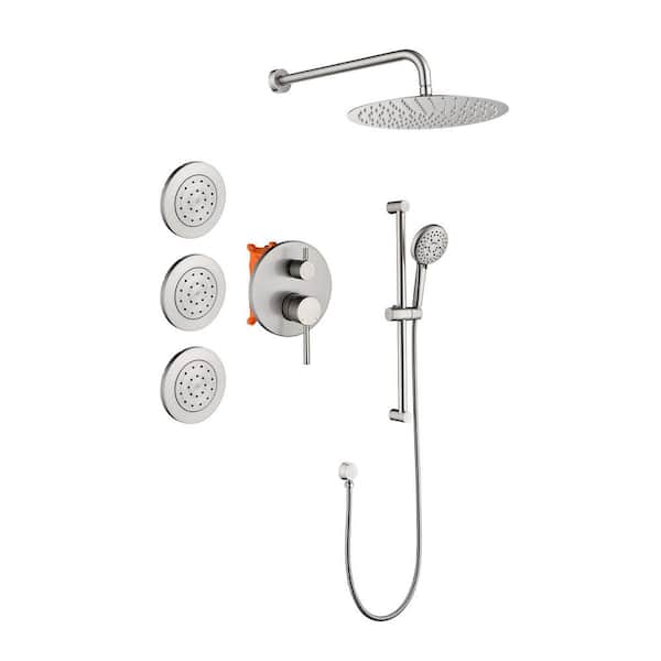 Miscool Single Handle 3-Spray 12 in. Round Shower Faucet 2.5 GPM with Pressure Balance Valve & 3 Body Sprays in. Brushed Nickel