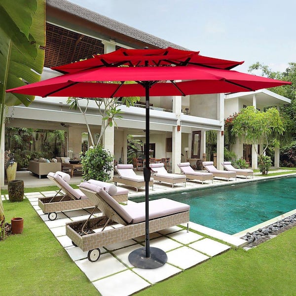 9 patio umbrellas sale Runesay 9 ft. 3-Tiers Steel Market Tilt Patio Umbrella in Red with Crank  and Wind Vents WS9FT3-RD04