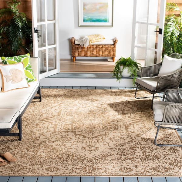 Beach House Cream/Beige 7 ft. x 7 ft. Square Oriental Indoor/Outdoor Patio  Area Rug