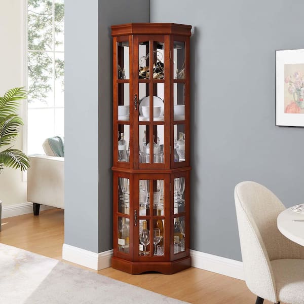 18 in. W x 23 in. D x 71 in. H Brown Linen Cabinet Curio Cabinet Lighted with Shelves, Walnut Color Corner Curio Cabinet