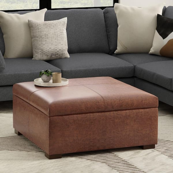 Simpli Home Gabbie 36 in. Square Coffee Table Storage Ottoman in Distressed Saddle Brown Vegan Faux Leather Assembled AXCOT GABSQ DSB