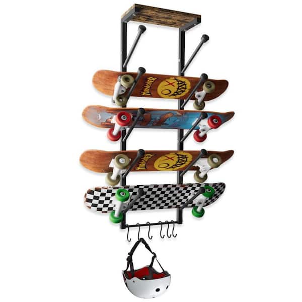 5-Layer Wall Mount Skateboard Rack, Skateboard Wall Display Hanger Racking with 6 Hooks for Home or Garage Black