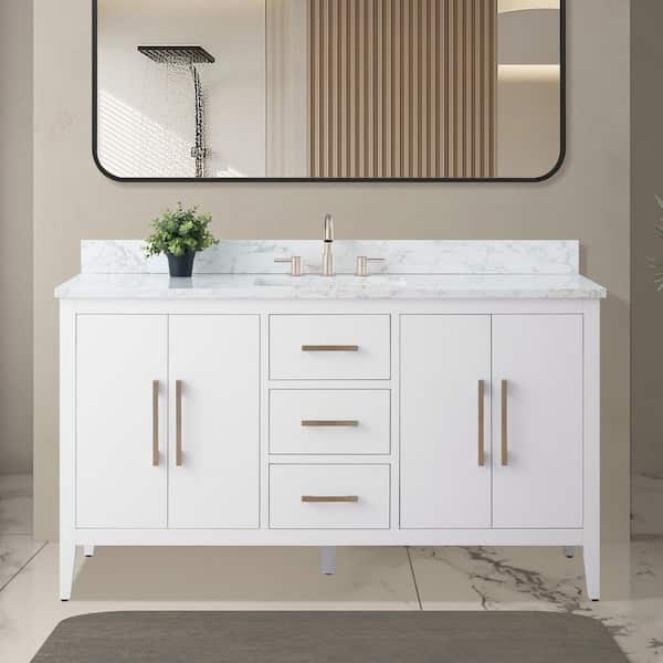 60 in. W x 22 in. D x 34 in. H Single Sink Bathroom Vanity Cabinet in White with Engineered Marble Top in White