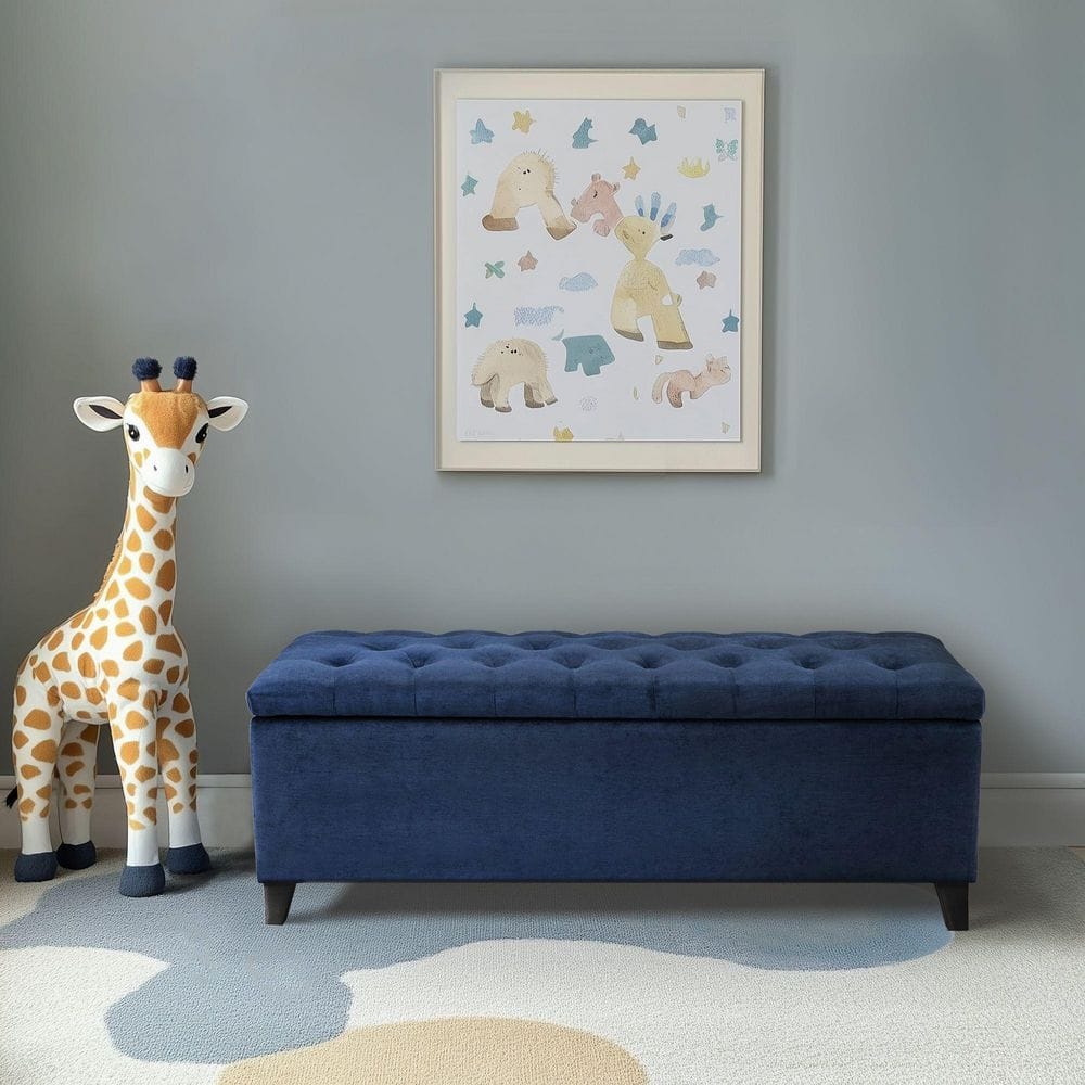 Sasha Navy Tufted Top Storage Ottoman with Black Noir Legs