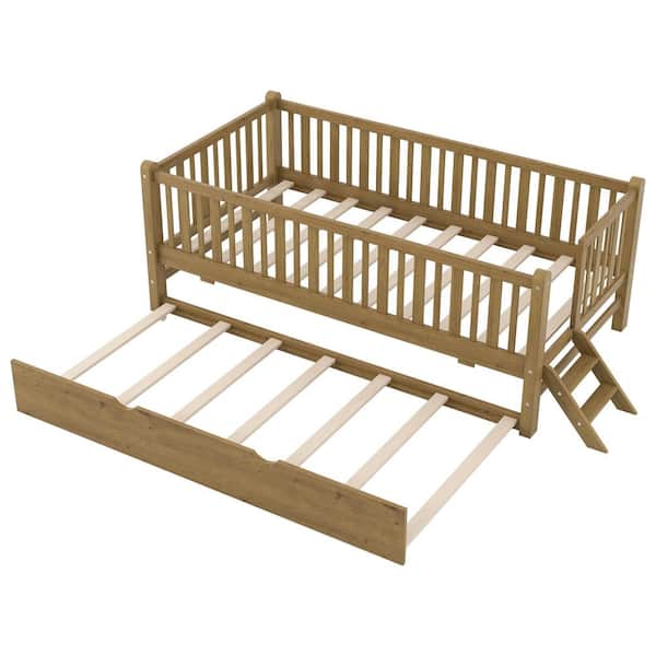 Brown Wood Frame Twin Size Platform Bed with Guardrail and Trundle
