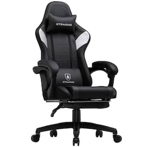 Faux Leather Gaming Chair with Footrest, Massage Lumbar Support and Headrest Height Adjustable Computer Chair, Black