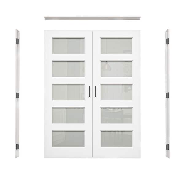 60 in. x 80 in. 5-Lite Frosted Glass Universal White Solid Core Glass Double Prehung French Door + Quick Jamb&Ball Catch