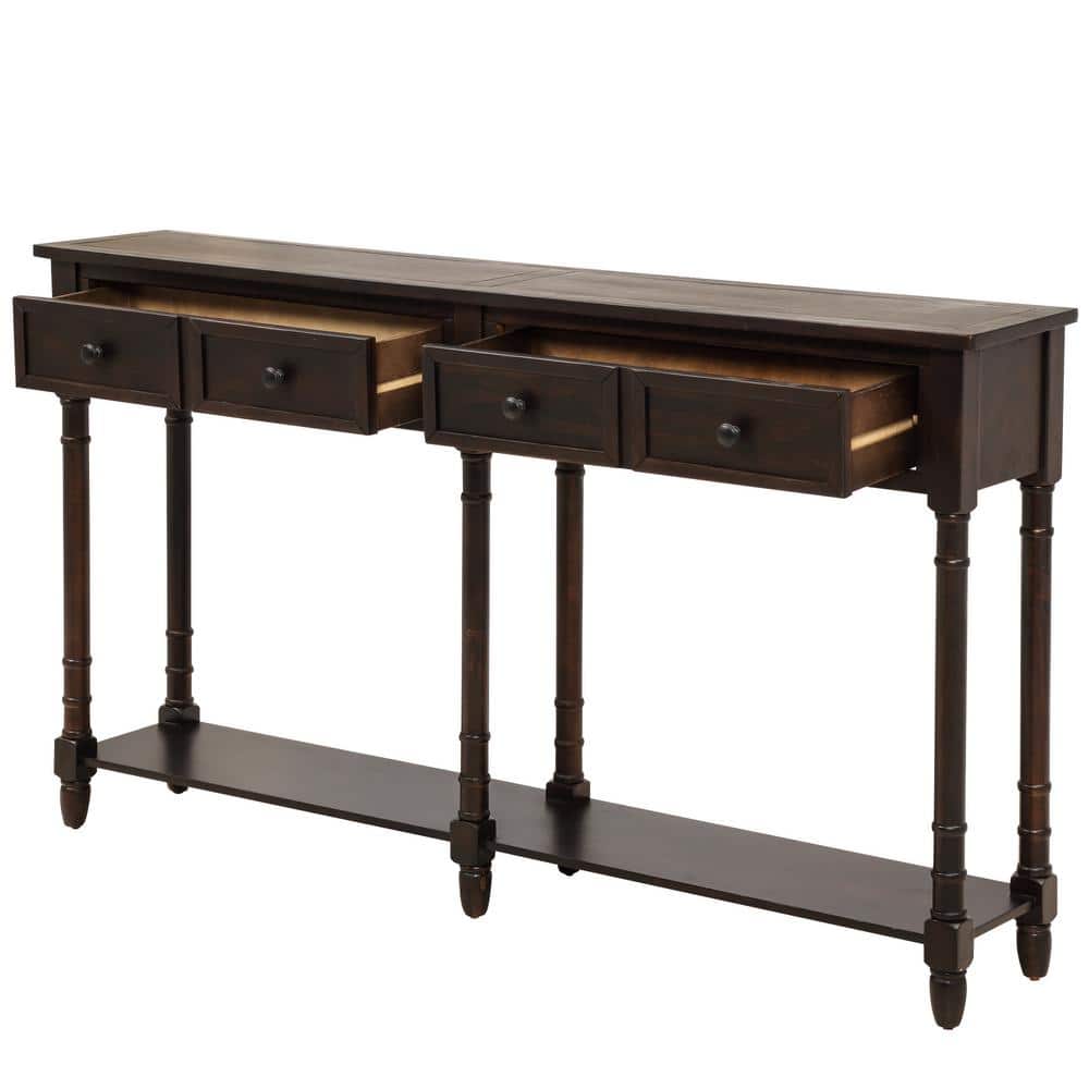 Espresso Pine Wood Console Table with Drawers and Shelf