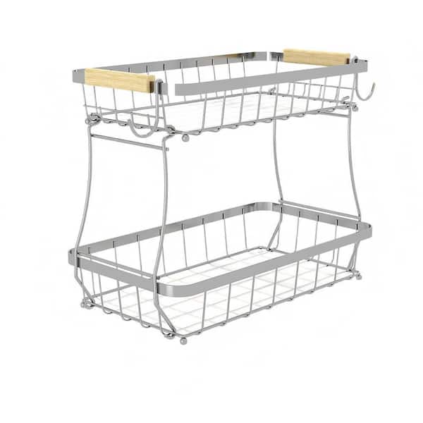 2 Piece Fruit Basket, Bonus Mats, Banana Hooks, Rust-Resistant Iron, for Bread Snack, 2 Tier Fruit Basket Set, in Silver