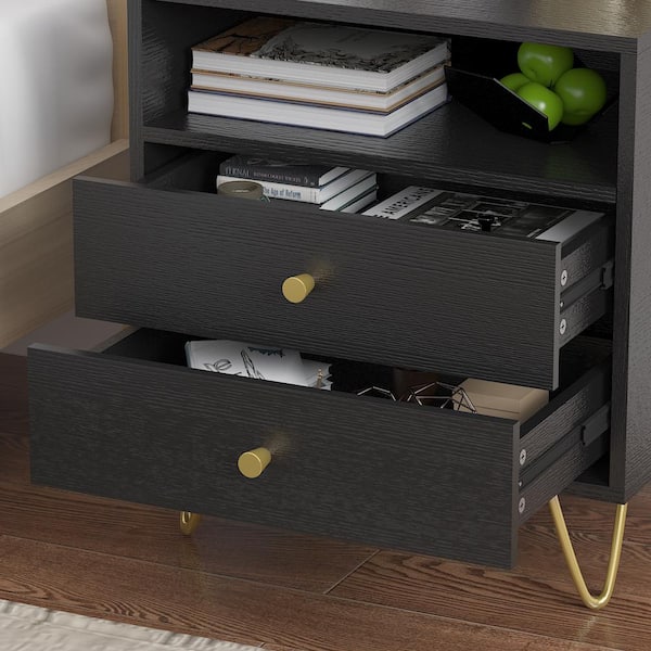 FUFUGAGA 2-Drawer Black Nightstands with Metal Legs and Open Shelf, Side  Table Bedside Table 15.7 in. D x 19.6 in. W x 21.6 in. H KF210127-04-xin  The Home Depot