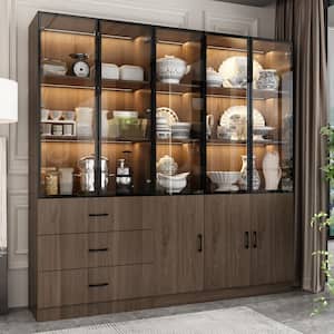 2-in - 1 Brown Wood 78.7 in. W Sideboard Combo Kitchen Cabinet W/Glass Doors, LED Lights, Drawers, Adjustable Shelves