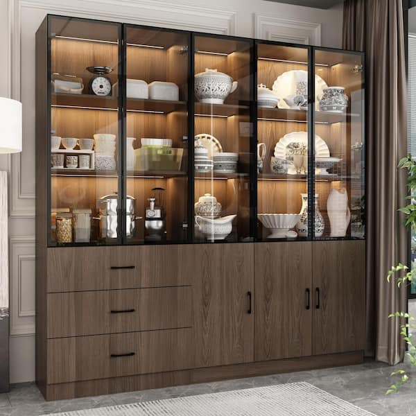 2-in - 1 Brown Wood 78.7 in. W Sideboard Combo Kitchen Cabinet W/Glass Doors, LED Lights, Drawers, Adjustable Shelves