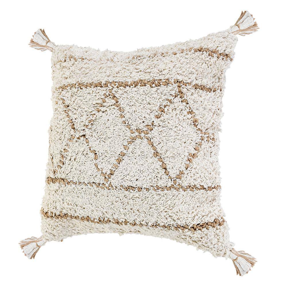 Boho-Chic Diamond Pattern Jute and Cotton Square Pillow