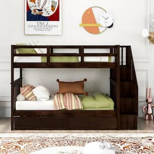 Espresso Twin-Over-Twin Stairway Bunk Bed with Trundle, Wood Kid Bunk Beds with 4 Storage Staircases and Guardrail