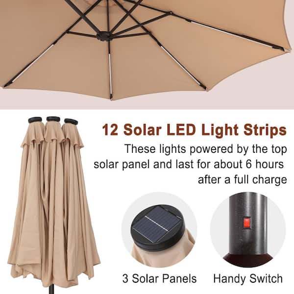 15 ft. Patio Solar Market Umbrella Double-Sided Outdoor Umbrella with Base and Detachable Light Strip in Tan