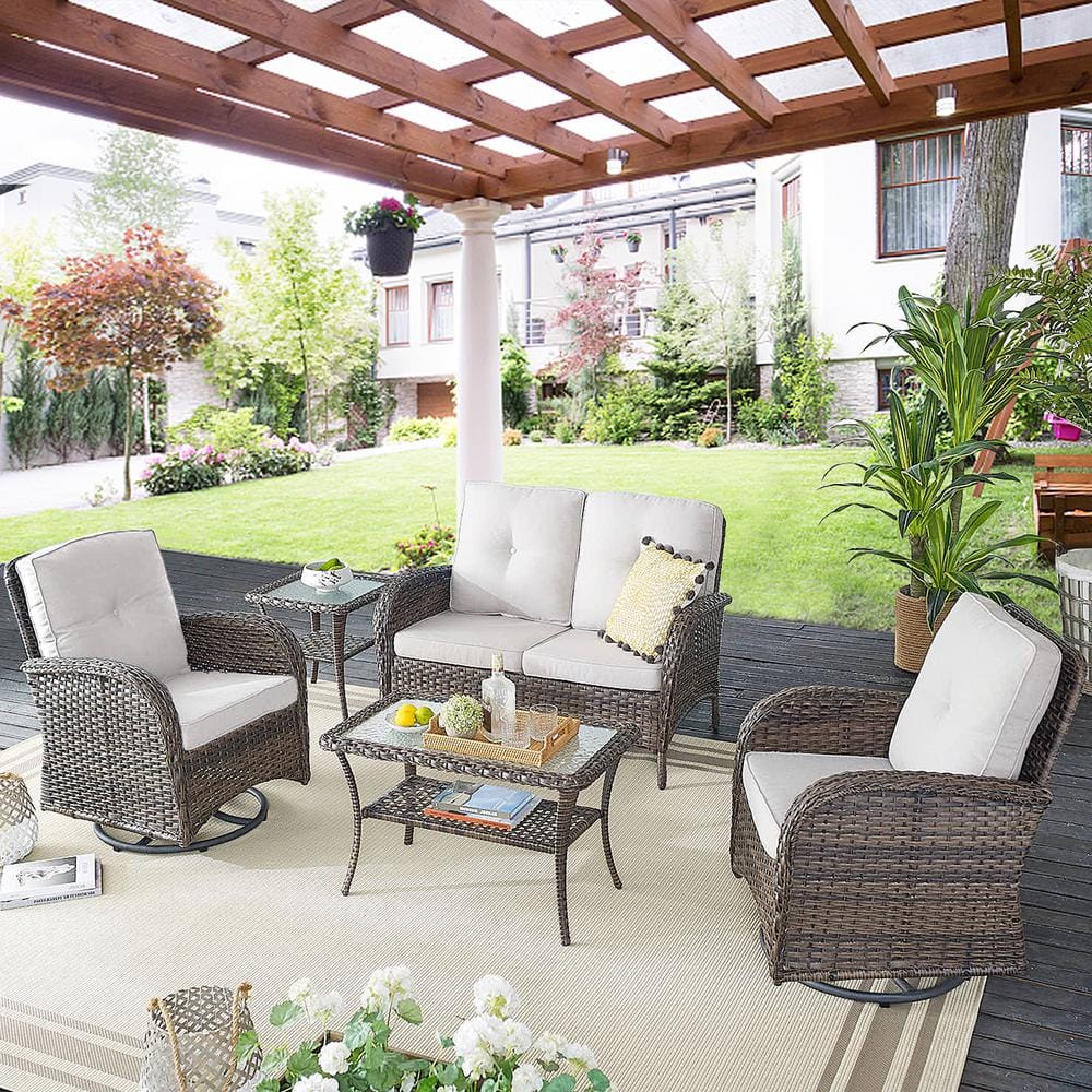 Gymojoy Carlos Brown 5-Piece Wicker Patio Conversation Set with Beige ...