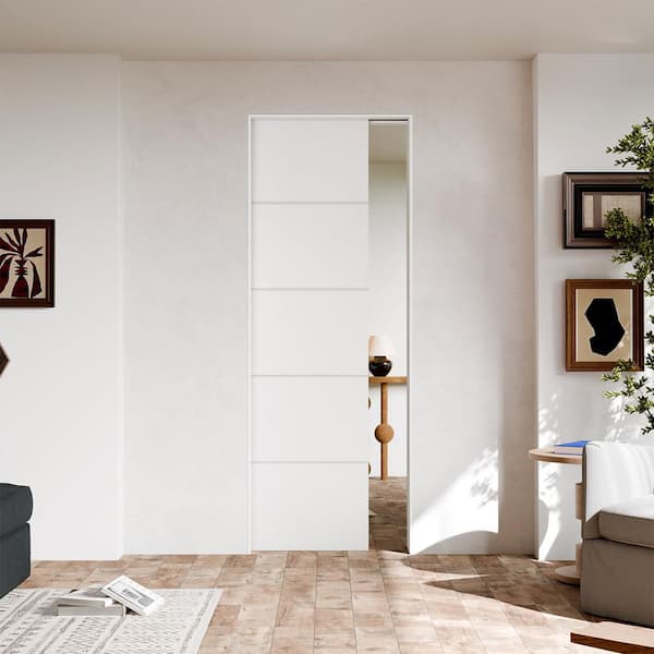 30 in. x 80 in. 5 Panel White UV Primed Particleboard Core Interior Door Slab with Pocket Door Frame Kits and Soft Close