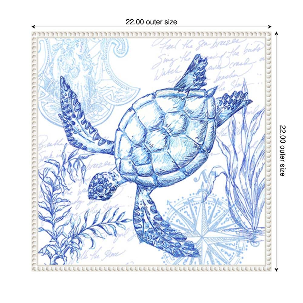 Coastal Sketchbook Turtle Blue Ink Canvas Wall Art with White Frame