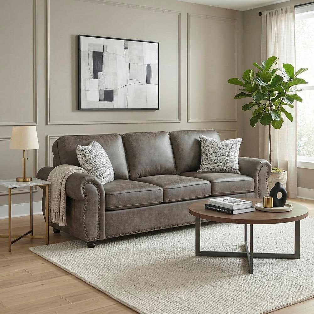 Lazzara Medon 91 Rolled Arm Microfiber Rectangle Living Room Sofa
