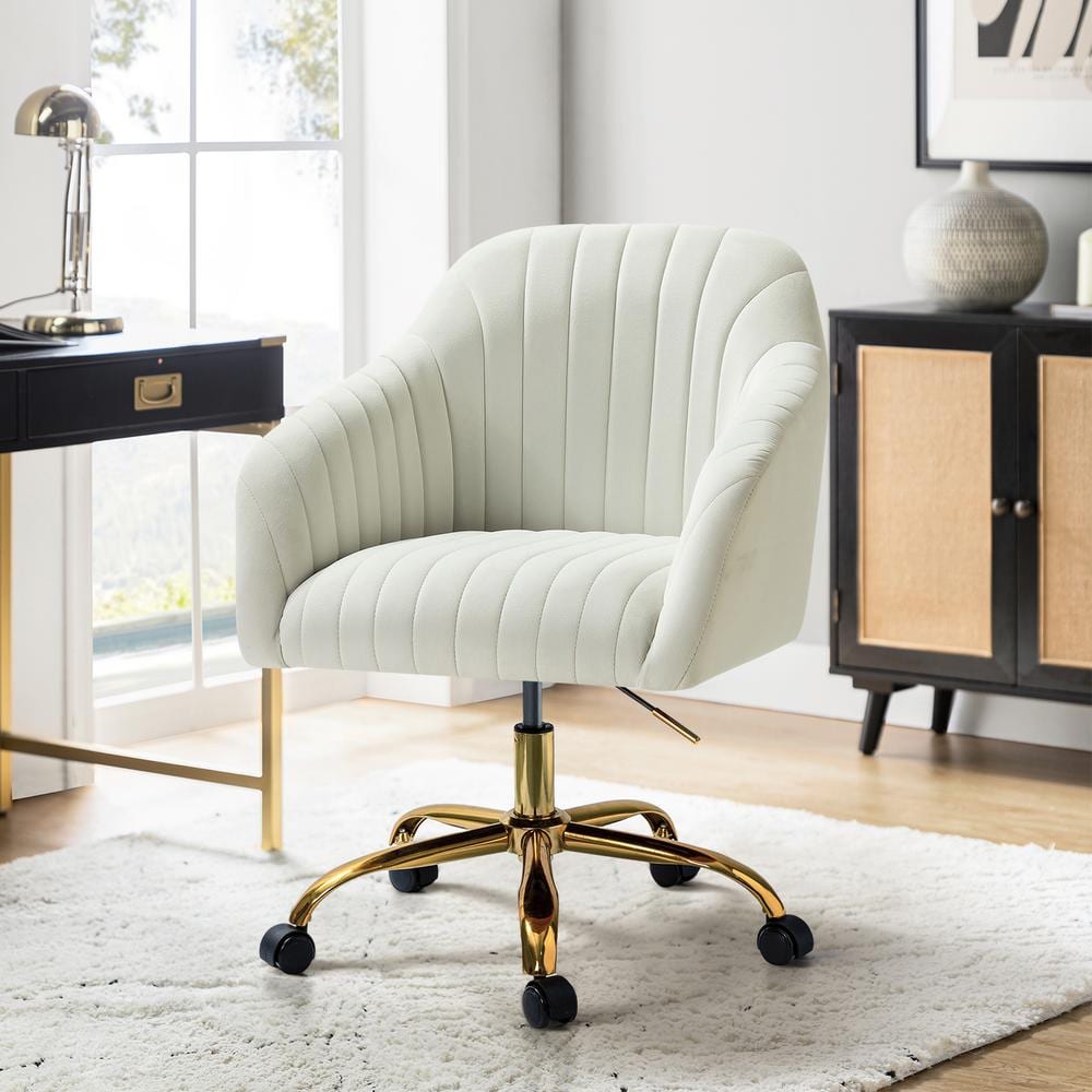 Ivory Velvet Swivel Task Chair with Golden Metal Legs