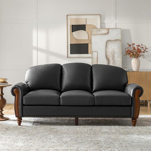 Edmund 84 in. Genuine Leather Sofa with Carved Solid Wood Legs in Charcoal