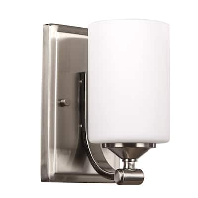 Hampton Bay Darlington 4.5 in. 1-Light Brushed Nickel Transitional Wall Sconce with Frosted Opal Glass Shade 17678