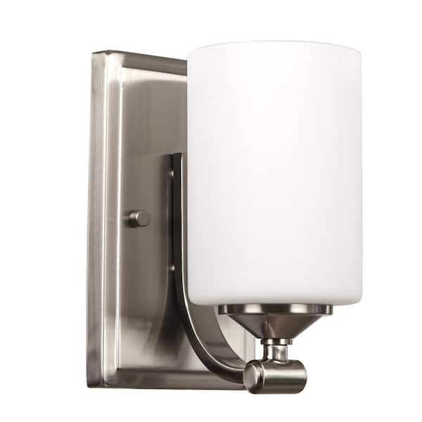 Darlington 4.5 in. 1-Light Brushed Nickel Transitional Wall Sconce with Frosted Opal Glass Shade