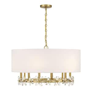 Dahlia 30 in. W x 16.5 in. H 6-Light Warm Brass Statement Pendant Light with White Linen Fabric Shade and Crystal Flower