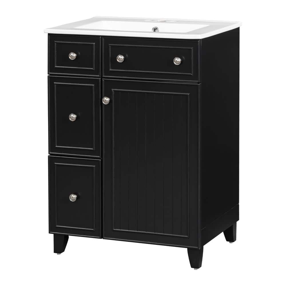 24 in. Single Sink Freestanding Black Bath Vanity with White Ceramic Sink, 2 Sliding Drawers, 1 Soft-Close Door price history on PriceWatchPro