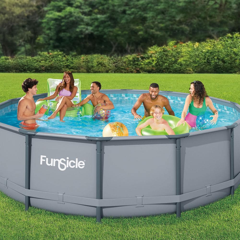 Gray 14ft Round Metal Frame Above Ground Pool with Filter Pump