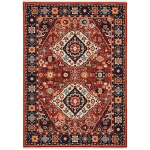 Lillian Red/Blue 10 ft. x 13 ft. Double Oriental Medallion Wool/Nylon Blend Fringed-Edge Indoor Area Rug