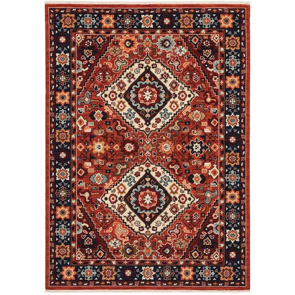 AVERLEY HOME Lillian Red/Blue 10 ft. x 13 ft. Double Oriental Medallion Wool/Nylon Blend Fringed-Edge Indoor Area Rug