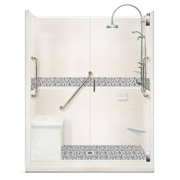 American Bath Factory Del Mar Freedom Luxe Hinged 42 in. x 60 in. x 80 in. Center Drain Alcove Shower Kit in Natural Buff and Nickel Hardware
