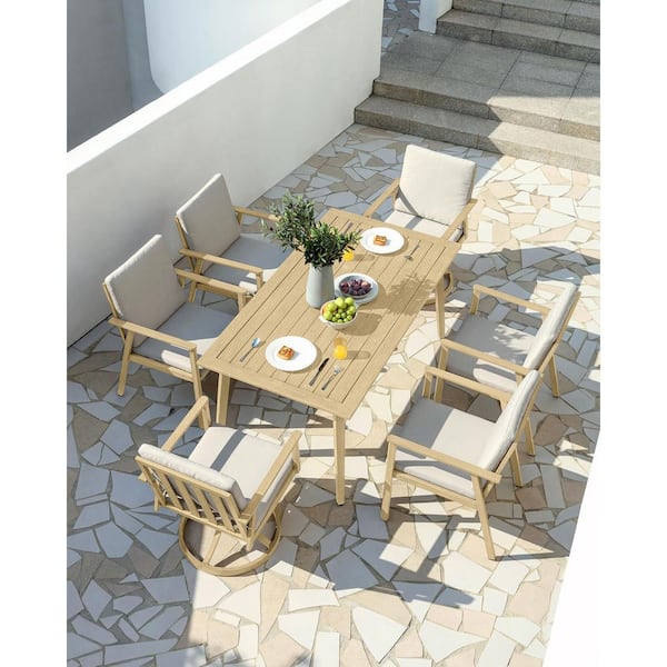 Maple Wood 7-Piece Aluminum Patio Furniture Set Outdoor Dining Set 2 Swivel Chairs with White Cushion and Umbrella Hole