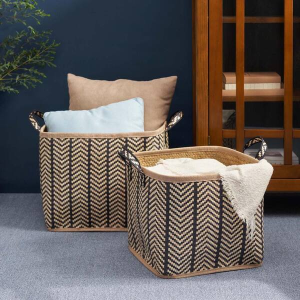 Square Woven Wicker Decorative Basket Storage Basket with Handles