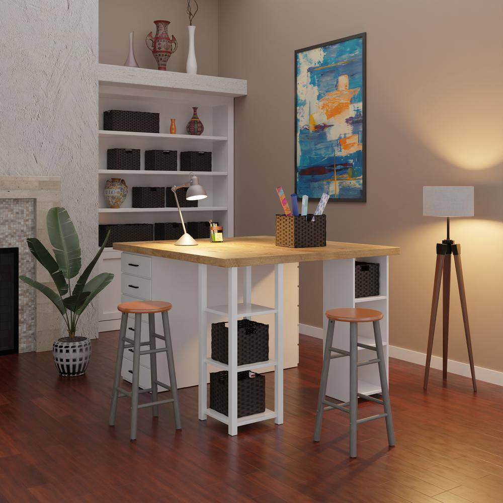 Transitional Gray and Teak Wood Backless Bar Stools, 29" Height