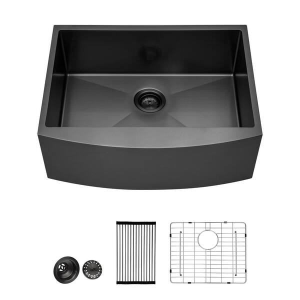 Whatseaso Gunmetal Black Stainless Steel 24.00 in. Single Bowl Farmhouse Apron Workstation Kitchen Sink with Bottom Rinse Grid
