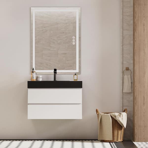 NOBLE 30 in. W x 18 in. D x 25 in. H Single Sink Floating Bath Vanity in White with Black Solid Surface Integral Top