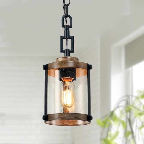 LNC Modern Farmhouse Brown Chandelier 1-Light 6 in. Black Drum Mini Island Pendant Light with Seeded Glass Shades