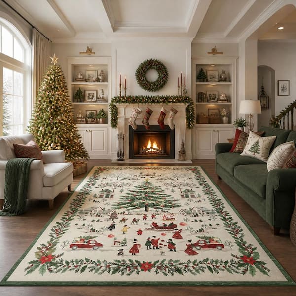 Beige 4 ft. x 6 ft. Vintage Xmas Village Rug Christmas Holly Border Carpet Washable Non Slip Mat Home Decor Area Rug
