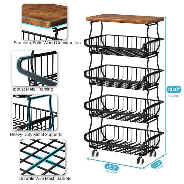 5-Tier Metal Fruit and Vegetable Storage Basket with Rolling Wheels Cart for Kitchen, Pantry, Bathroom and Livingroom