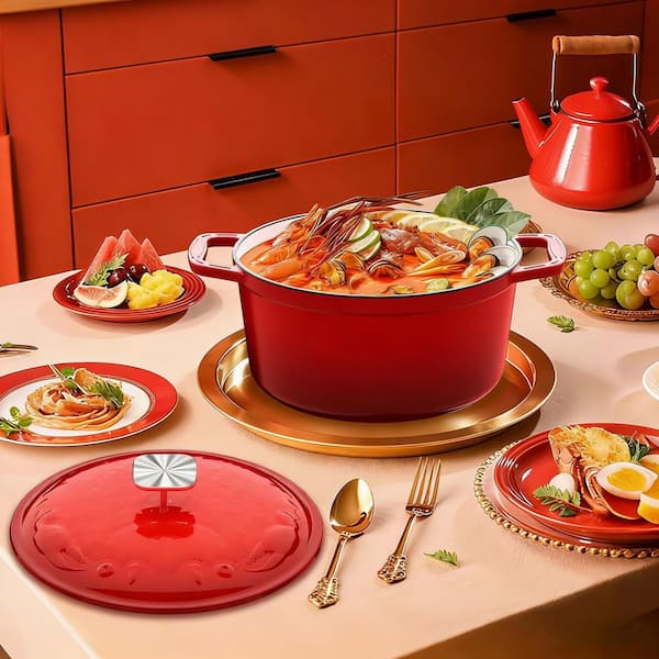 Wudkey 5 qt. Enameled Cast Iron Dutch Oven in Red with Exclusive